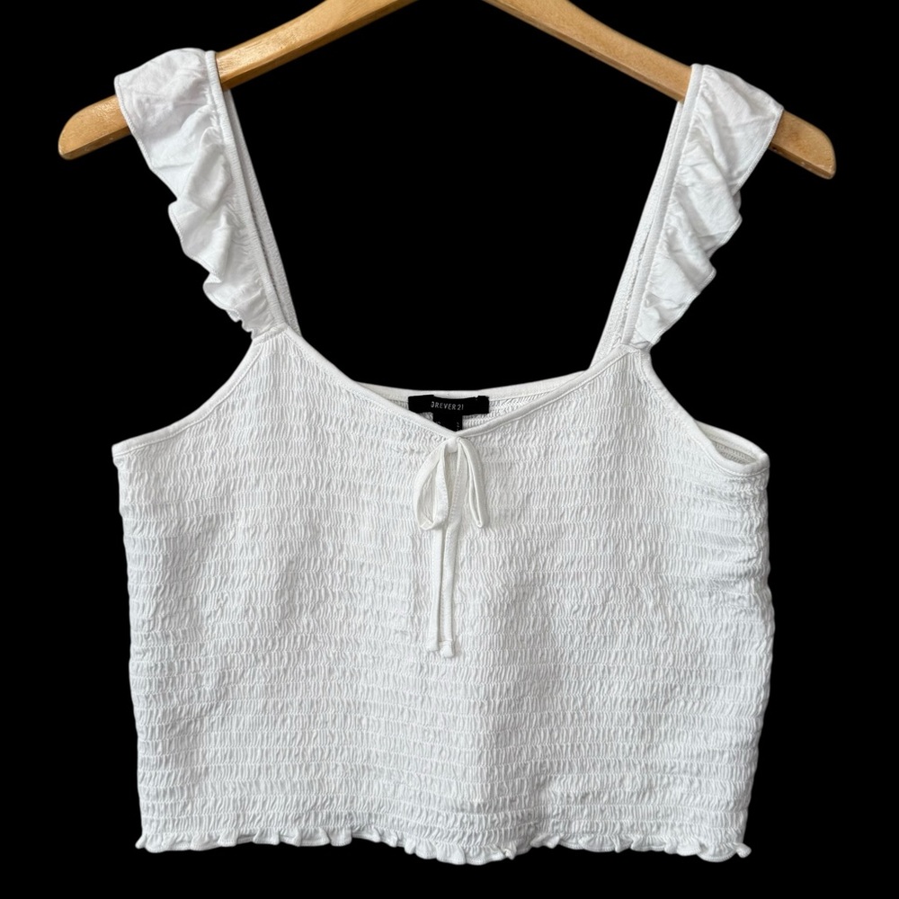Forever 21 White Smocked Crop Top Ruffle Straps Tie Front Size L
